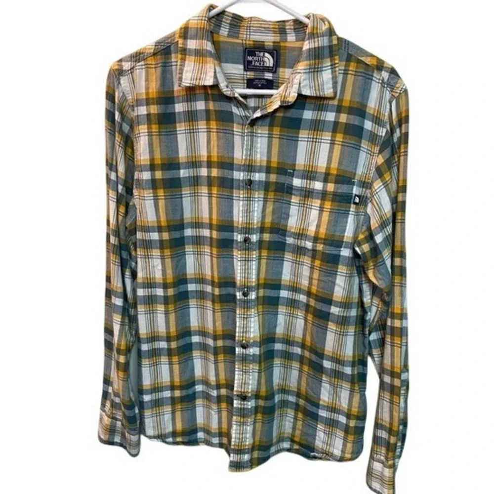 The North Face Mens Plaid Button Down Shirt Yellow‎ Blue Medium